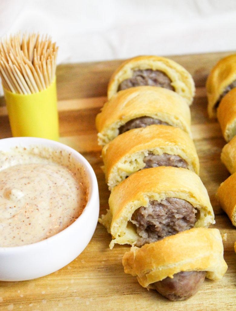 Brat Bites with Spicy Mustard Dipping Sauce